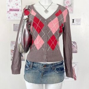H&M Y2K Grey & Pink Argyle Button-Up Cardigan Size S — Preppy / Indie Sleaze